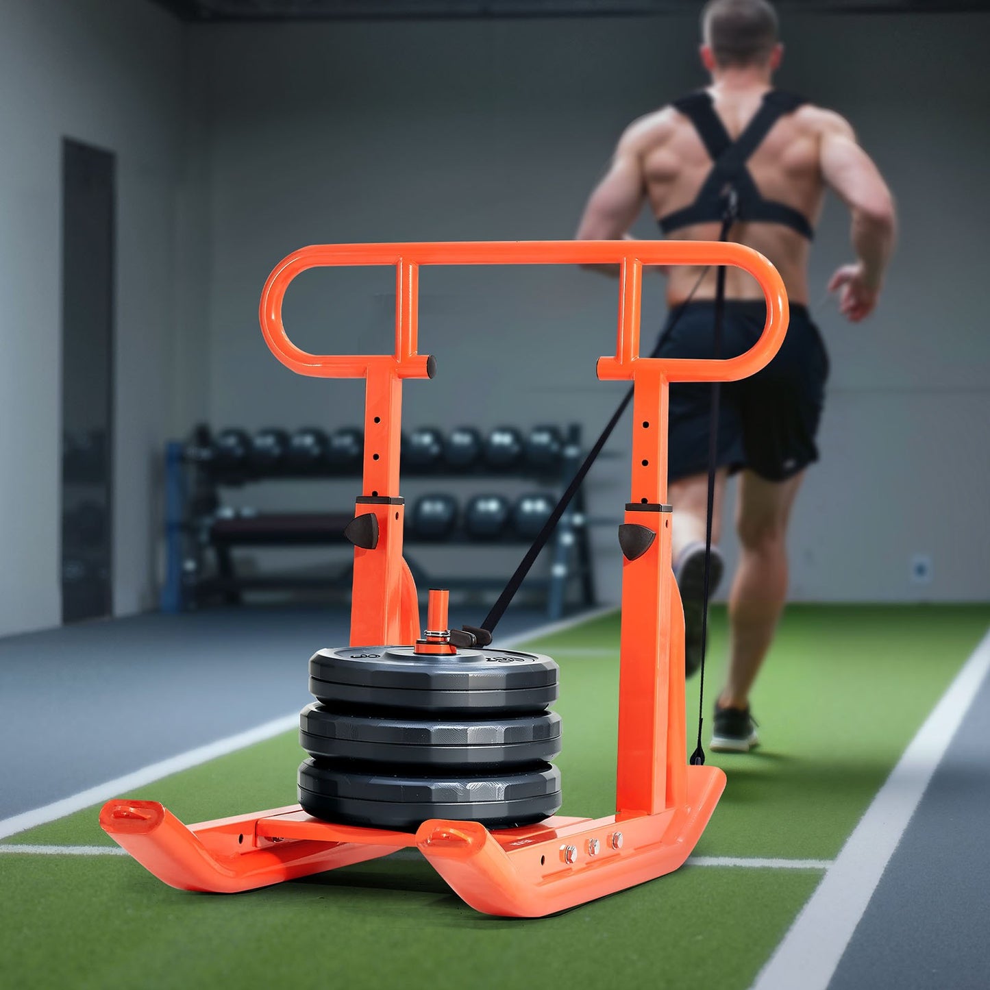 Gewichtsschlitten, Stahl-Kraftschlitten, Fitness-Trainingsschlitten zur Steigerung der Geschwindigkeit beim sportlichen Training, Trainingsgerät mit höhenverstellbarem Griff, kompatibel mit 25/51-mm-Gewichtsscheiben, Orange