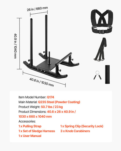 Gewichtsschlitten, Stahl-Kraftschlitten, Fitness-Krafttrainingsschlitten zur Verbesserung der Geschwindigkeit beim sportlichen Training, Trainingsgerät mit Griff, kompatibel mit 25/51-mm-Gewichtsscheiben, Schwarz