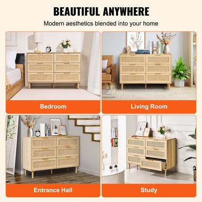 6 Drawer Rattan Dresser, Boho Dresser, Rattan Chest of Drawers with Spacious Storage, Natural Rattan Dresser for Bedroom, Living Room & Hallway,Rattan Nightstand with Sturdy Handles&Legs, Brown