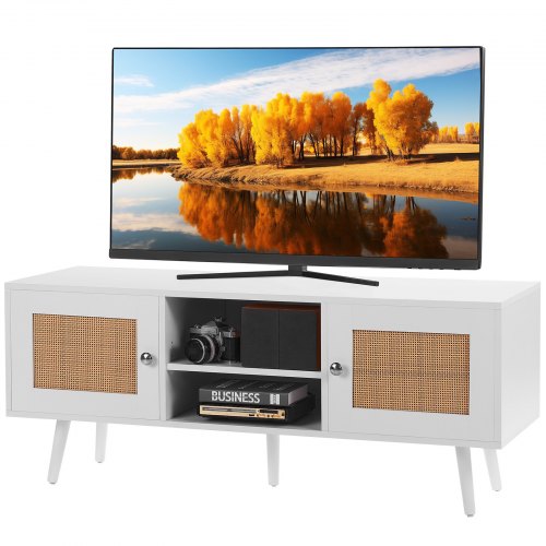 TV-Ständer aus Rattan, Boho-TV-Schrank für 55-Zoll-Fernseher, TV-Ständer im Mid-Century-Modern-Stil, TV-Konsole aus Rattan mit verstellbaren Regalböden für Wohnzimmer und Medienraum, Weiß