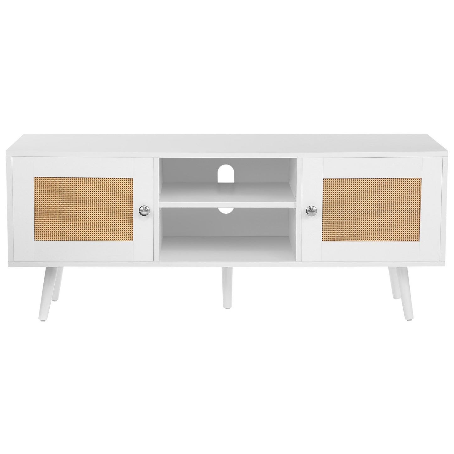 Rattan TV Stand, Boho TV Cabinet for 55 inch TV, Mid Century Modern TV Stand, Rattan TV Console with Adjustable Shelfs for Living Room, Media Room, White