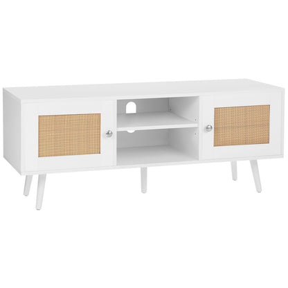 Rattan TV Stand, Boho TV Cabinet for 55 inch TV, Mid Century Modern TV Stand, Rattan TV Console with Adjustable Shelfs for Living Room, Media Room, White