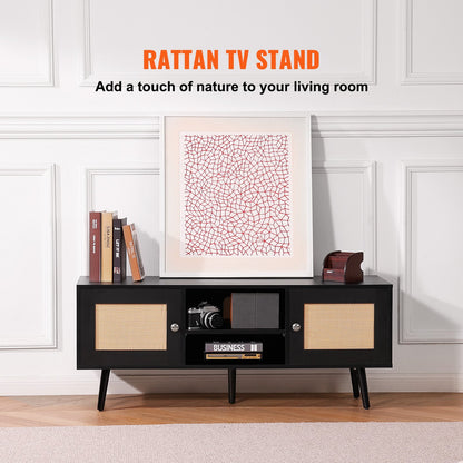 TV-Ständer aus Rattan, Boho-TV-Schrank für 55-Zoll-Fernseher, TV-Ständer im Mid-Century-Modern-Stil, TV-Konsole aus Rattan mit verstellbaren Regalböden für Wohnzimmer und Medienraum, Schwarz