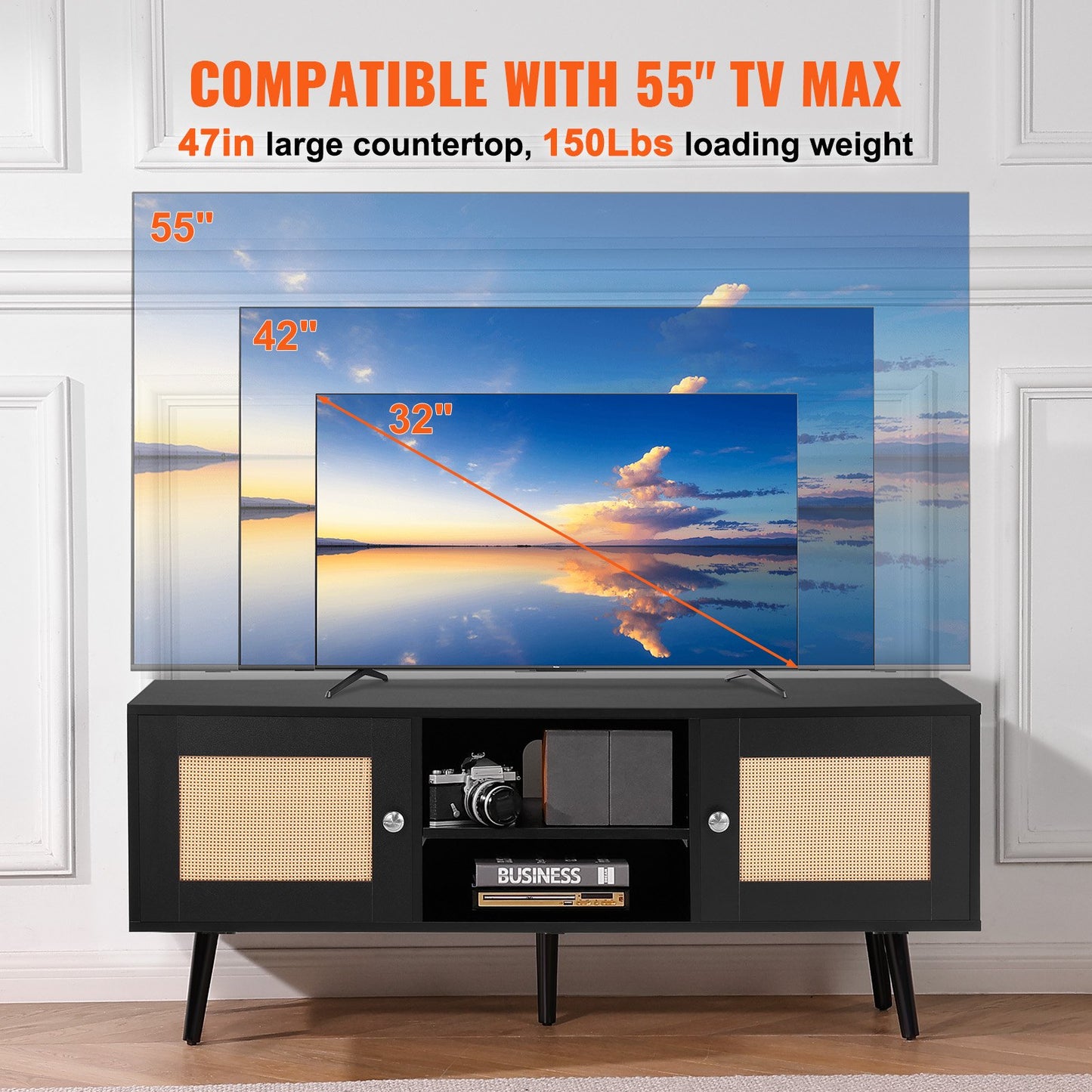 TV-Ständer aus Rattan, Boho-TV-Schrank für 55-Zoll-Fernseher, TV-Ständer im Mid-Century-Modern-Stil, TV-Konsole aus Rattan mit verstellbaren Regalböden für Wohnzimmer und Medienraum, Schwarz