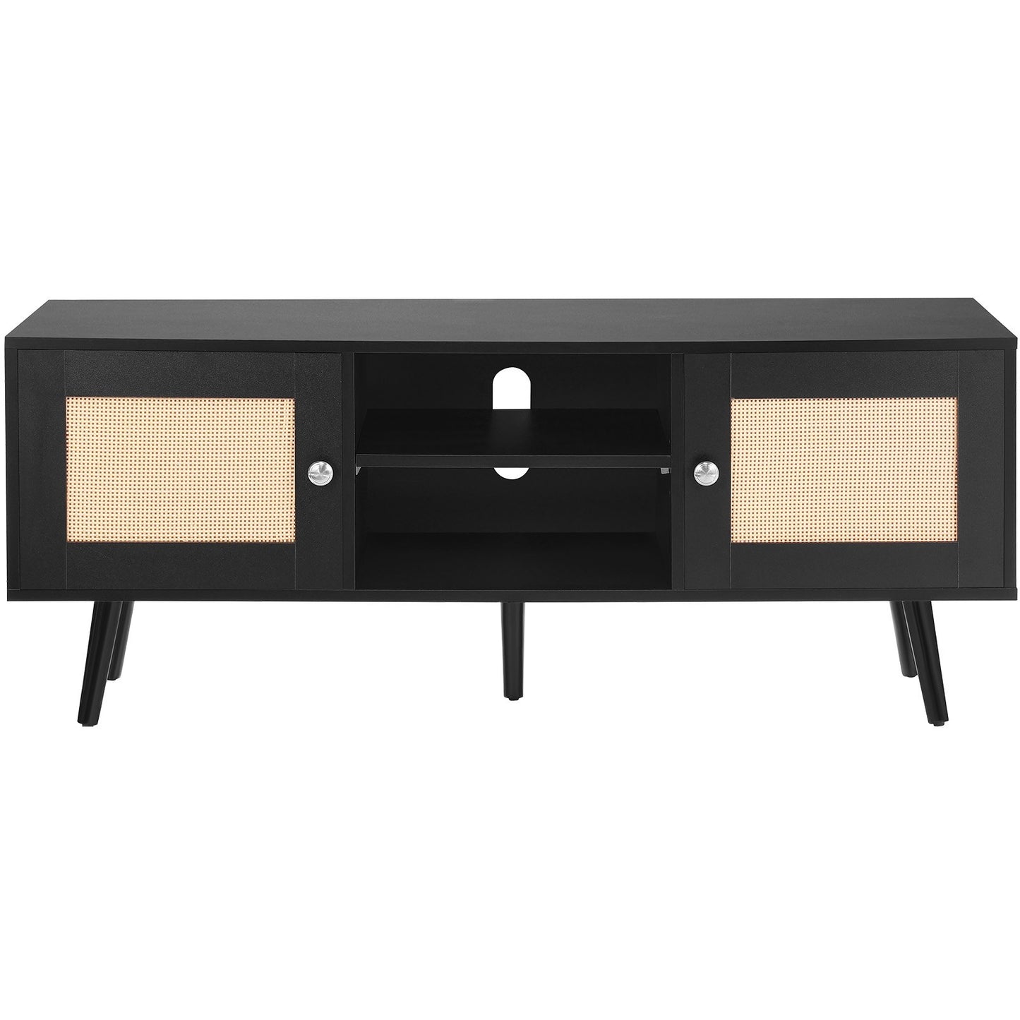 TV-Ständer aus Rattan, Boho-TV-Schrank für 55-Zoll-Fernseher, TV-Ständer im Mid-Century-Modern-Stil, TV-Konsole aus Rattan mit verstellbaren Regalböden für Wohnzimmer und Medienraum, Schwarz