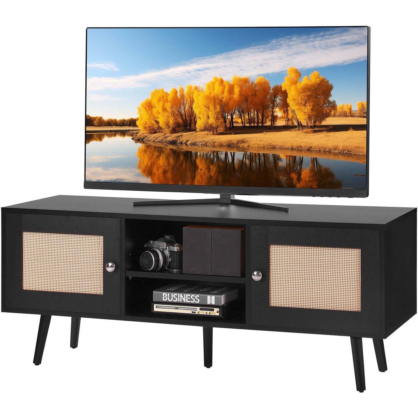 TV-Ständer aus Rattan, Boho-TV-Schrank für 55-Zoll-Fernseher, TV-Ständer im Mid-Century-Modern-Stil, TV-Konsole aus Rattan mit verstellbaren Regalböden für Wohnzimmer und Medienraum, Schwarz