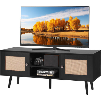 TV-Ständer aus Rattan, Boho-TV-Schrank für 55-Zoll-Fernseher, TV-Ständer im Mid-Century-Modern-Stil, TV-Konsole aus Rattan mit verstellbaren Regalböden für Wohnzimmer und Medienraum, Schwarz