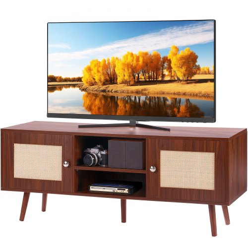 TV-Ständer aus Rattan, Boho-TV-Schrank für 55-Zoll-Fernseher, TV-Ständer im Mid-Century-Modern-Stil, TV-Konsole aus Rattan mit verstellbaren Regalböden für Wohnzimmer und Medienraum, Walnuss
