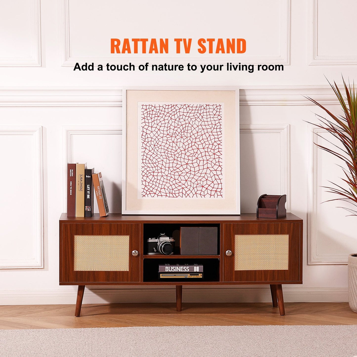 TV-Ständer aus Rattan, Boho-TV-Schrank für 55-Zoll-Fernseher, TV-Ständer im Mid-Century-Modern-Stil, TV-Konsole aus Rattan mit verstellbaren Regalböden für Wohnzimmer und Medienraum, Walnuss