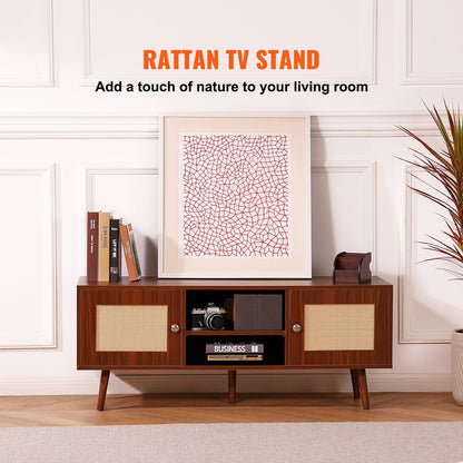 TV-Ständer aus Rattan, Boho-TV-Schrank für 55-Zoll-Fernseher, TV-Ständer im Mid-Century-Modern-Stil, TV-Konsole aus Rattan mit verstellbaren Regalböden für Wohnzimmer und Medienraum, Walnuss