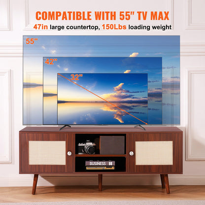 TV-Ständer aus Rattan, Boho-TV-Schrank für 55-Zoll-Fernseher, TV-Ständer im Mid-Century-Modern-Stil, TV-Konsole aus Rattan mit verstellbaren Regalböden für Wohnzimmer und Medienraum, Walnuss