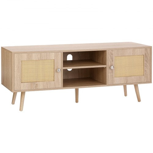 TV-Ständer aus Rattan, Boho-TV-Schrank für 55-Zoll-Fernseher, TV-Ständer im Mid-Century-Modern-Stil, TV-Konsole aus Rattan mit verstellbaren Einlegeböden für Wohnzimmer und Medienraum, Eiche