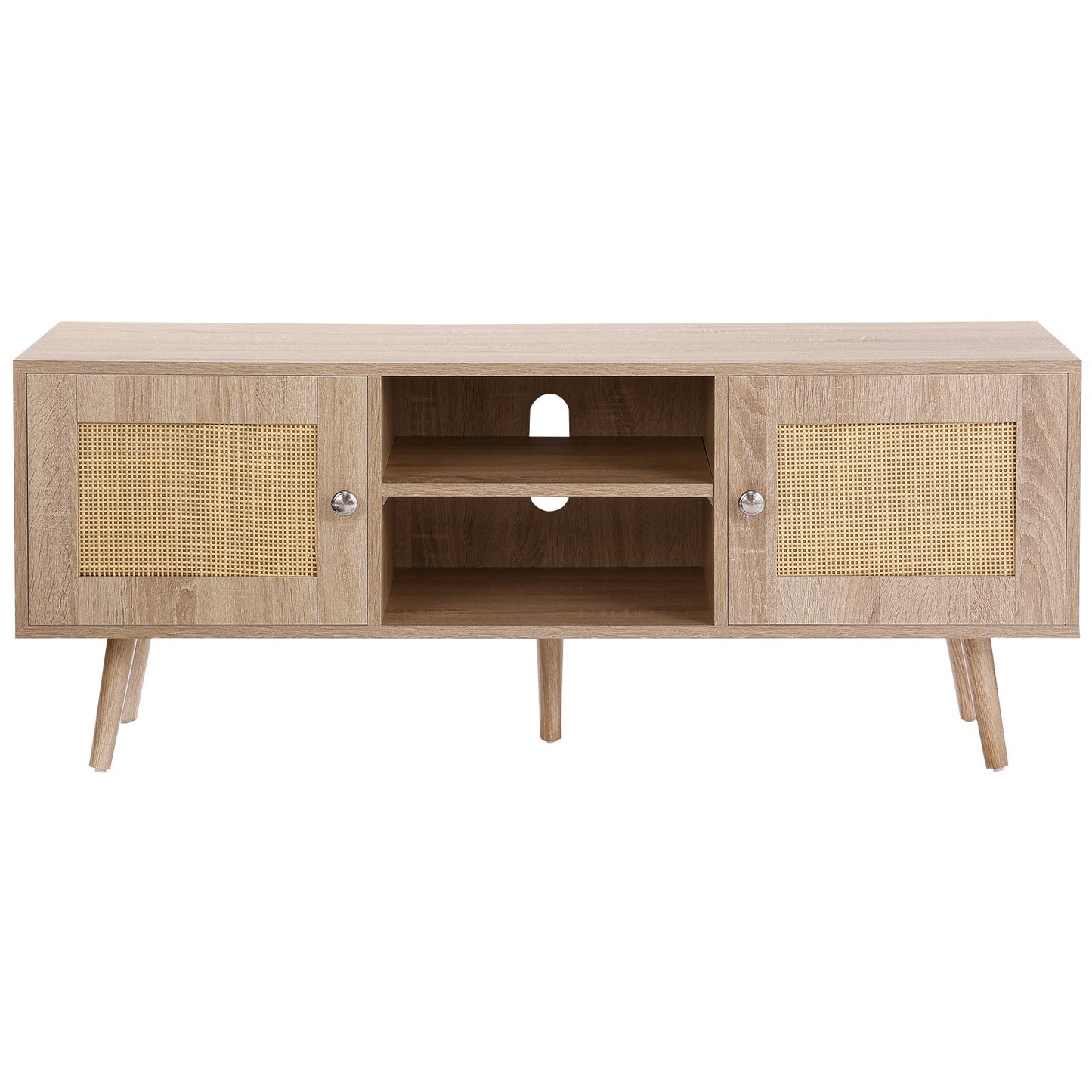 TV-Ständer aus Rattan, Boho-TV-Schrank für 55-Zoll-Fernseher, TV-Ständer im Mid-Century-Modern-Stil, TV-Konsole aus Rattan mit verstellbaren Einlegeböden für Wohnzimmer und Medienraum, Eiche