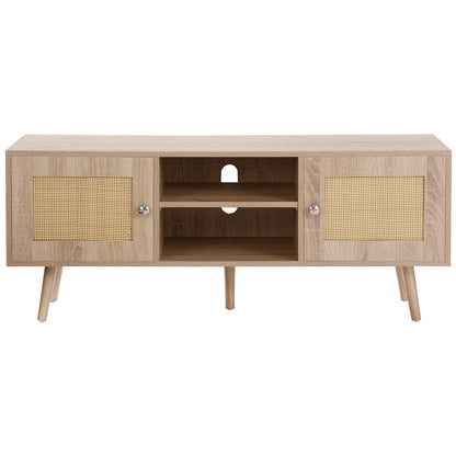 TV-Ständer aus Rattan, Boho-TV-Schrank für 55-Zoll-Fernseher, TV-Ständer im Mid-Century-Modern-Stil, TV-Konsole aus Rattan mit verstellbaren Einlegeböden für Wohnzimmer und Medienraum, Eiche