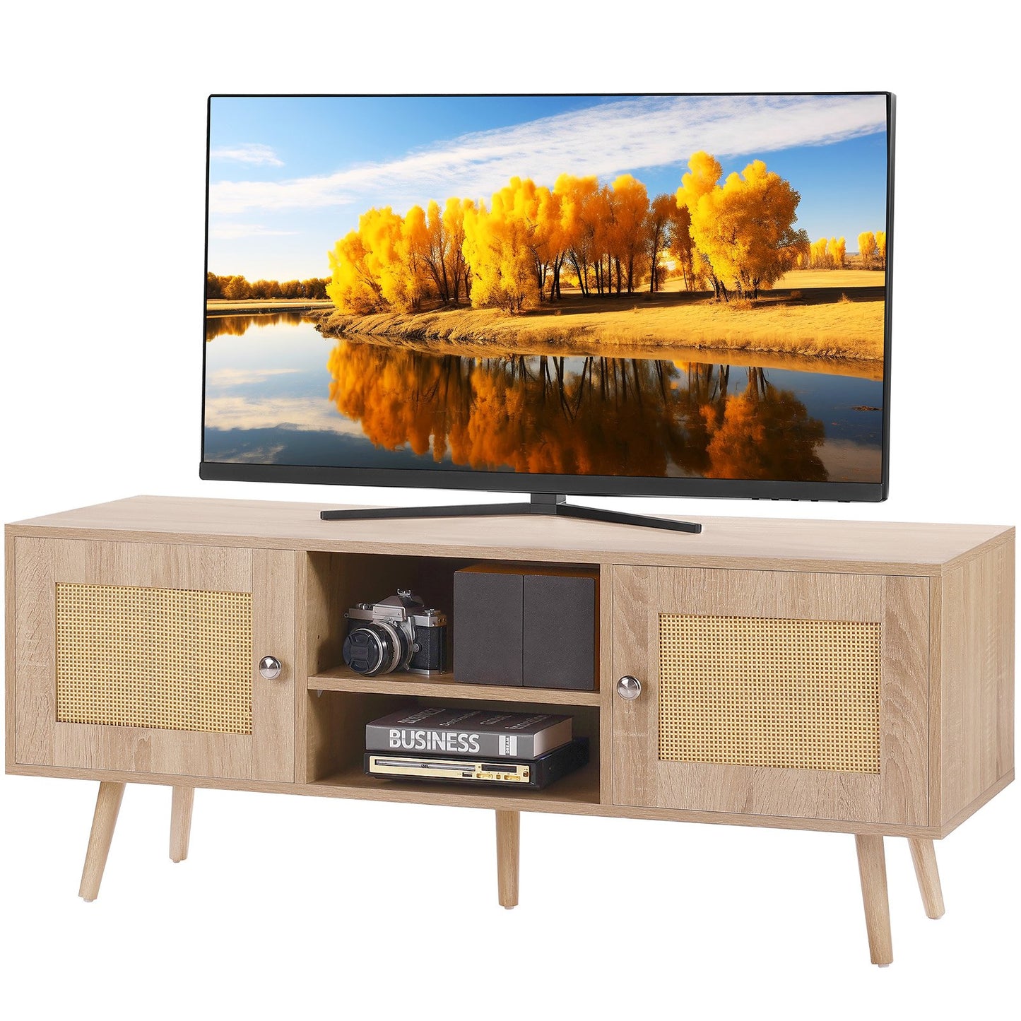 TV-Ständer aus Rattan, Boho-TV-Schrank für 55-Zoll-Fernseher, TV-Ständer im Mid-Century-Modern-Stil, TV-Konsole aus Rattan mit verstellbaren Einlegeböden für Wohnzimmer und Medienraum, Eiche