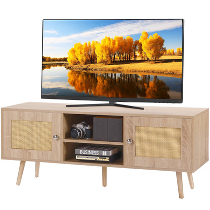 TV-Ständer aus Rattan, Boho-TV-Schrank für 55-Zoll-Fernseher, TV-Ständer im Mid-Century-Modern-Stil, TV-Konsole aus Rattan mit verstellbaren Einlegeböden für Wohnzimmer und Medienraum, Eiche