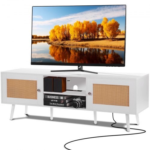 TV-Ständer aus Rattan für 65-Zoll-Fernseher, Boho-TV-Ständer mit Rattantür, Entertainment-Center mit integrierter Steckdose und USB-Anschlüssen, moderne TV-Konsole für Wohnzimmer und Medienraum, Weiß