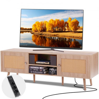 Rattan-TV-Ständer für 65-Zoll-Fernseher (165,1 cm) im Boho-Stil mit integrierter Steckdose, Eiche