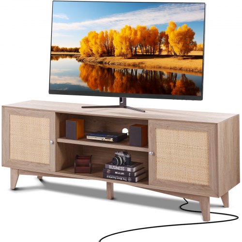 Rattan-TV-Ständer 191cm Fernseher Boho-TV-Schrank Fernsehschrank Eiche