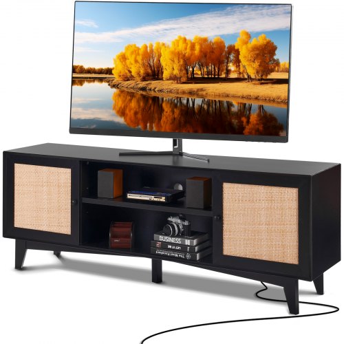 TV-Ständer aus Rattan für 75-Zoll-Fernseher, Boho-TV-Ständer mit Rattantür, Entertainment-Center mit integrierter Steckdose, Aufbewahrungsschrank mit 2 Regalböden, moderne TV-Konsole für Wohnzimmer und Medienraum, Schwarz