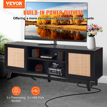 TV-Ständer aus Rattan für 75-Zoll-Fernseher, Boho-TV-Ständer mit Rattantür, Entertainment-Center mit integrierter Steckdose, Aufbewahrungsschrank mit 2 Regalböden, moderne TV-Konsole für Wohnzimmer und Medienraum, Schwarz