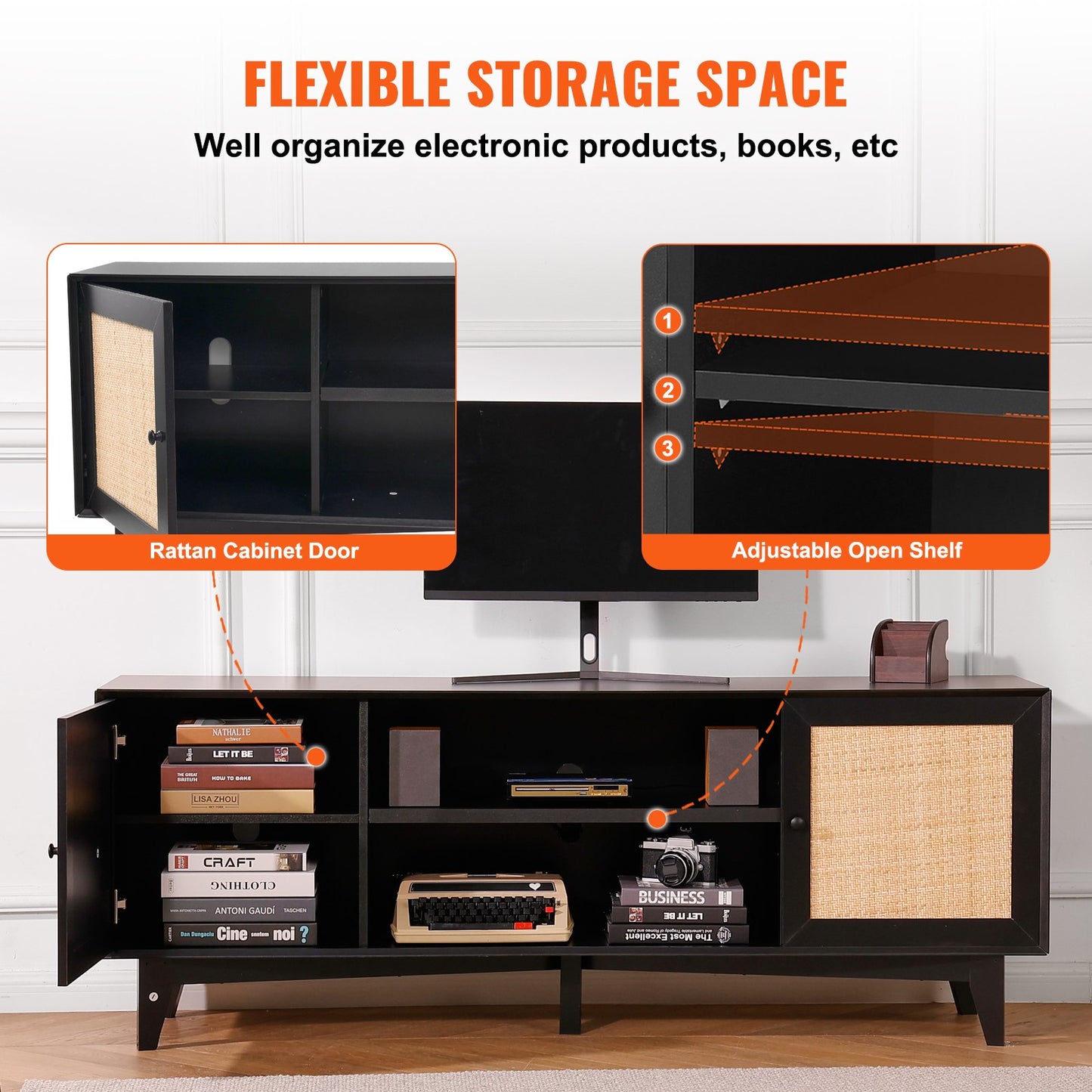 TV-Ständer aus Rattan für 75-Zoll-Fernseher, Boho-TV-Ständer mit Rattantür, Entertainment-Center mit integrierter Steckdose, Aufbewahrungsschrank mit 2 Regalböden, moderne TV-Konsole für Wohnzimmer und Medienraum, Schwarz