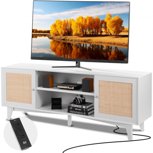 TV-Ständer aus Rattan, 191 cm TV-Möbel im Boho-Stil, weißer TV-Schrank
