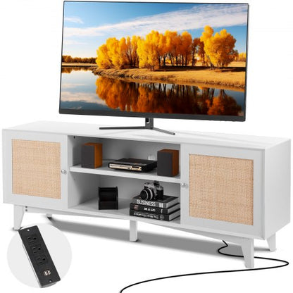 TV-Ständer aus Rattan, 191 cm TV-Möbel im Boho-Stil, weißer TV-Schrank