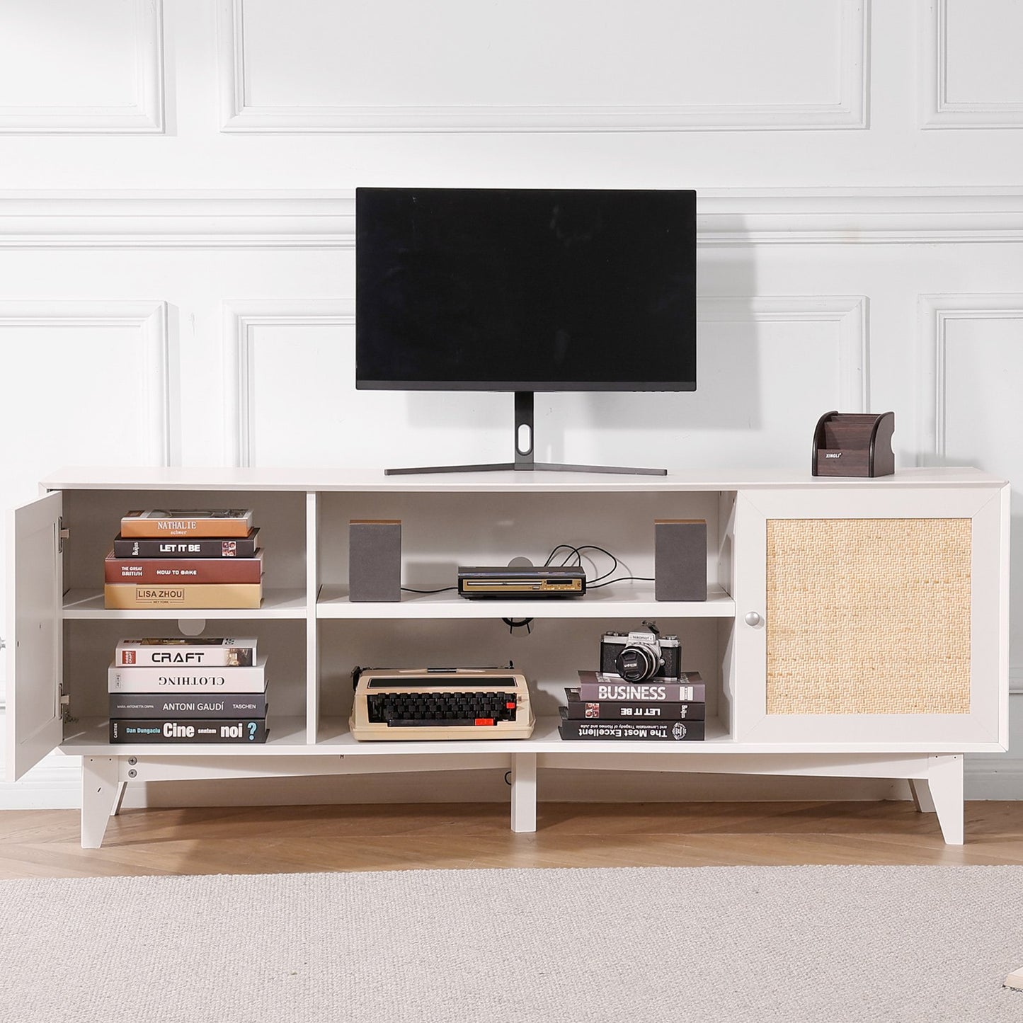 TV-Ständer aus Rattan, 191 cm TV-Möbel im Boho-Stil, weißer TV-Schrank