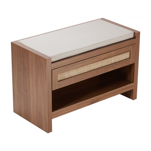 Rattanbank, 78,5 cm hohe Schuhbank aus Rattan, Eingangsbereichbank mit Schublade und Leinensitzkissen, Landhaus-Boho-Bank aus handgeflochtenem Rattan, für Eingangsbereich, Schlafzimmer, Wohnzimmer, Küche