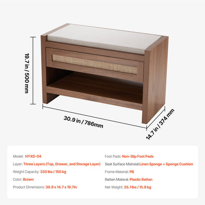Rattanbank, 78,5 cm hohe Schuhbank aus Rattan, Eingangsbereichbank mit Schublade und Leinensitzkissen, Landhaus-Boho-Bank aus handgeflochtenem Rattan, für Eingangsbereich, Schlafzimmer, Wohnzimmer, Küche