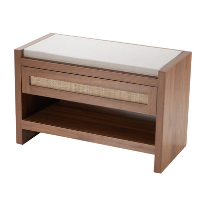 Rattanbank, 78,5 cm hohe Schuhbank aus Rattan, Eingangsbereichbank mit Schublade und Leinensitzkissen, Landhaus-Boho-Bank aus handgeflochtenem Rattan, für Eingangsbereich, Schlafzimmer, Wohnzimmer, Küche