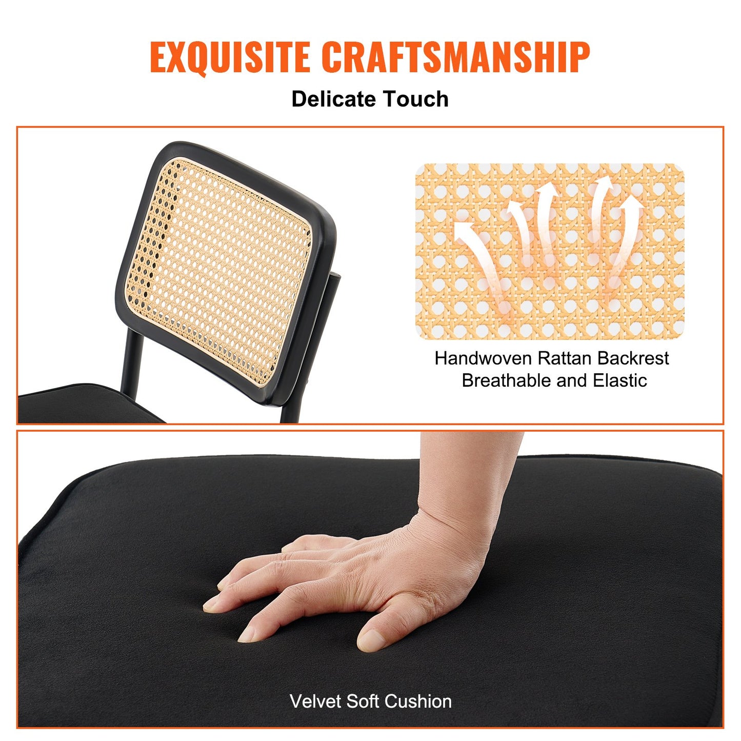 Rattanstühle, 2er-Set, Esszimmerstuhl im Mid-Century-Modern-Stil, gepolsterter Samt-Akzentstuhl mit Rattanlehne, Retro-Esszimmerstuhl für Küche, Wohnzimmer, Schlafzimmer, Leseraum, Büro, Schwarz