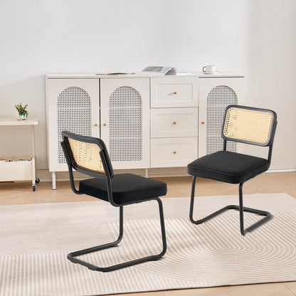 Rattanstühle, 2er-Set, Esszimmerstuhl im Mid-Century-Modern-Stil, gepolsterter Samt-Akzentstuhl mit Rattanlehne, Retro-Esszimmerstuhl für Küche, Wohnzimmer, Schlafzimmer, Leseraum, Büro, Schwarz