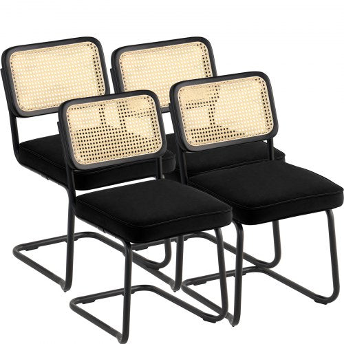 Rattan Chairs, Set of 4, Mid Century Modern Dining Chair, Upholstered Velvet Accent Chair with Rattan Back, Retro Dining Room Kitchen Chair for Living Room, Bedroom, Reading Room, Office, Black