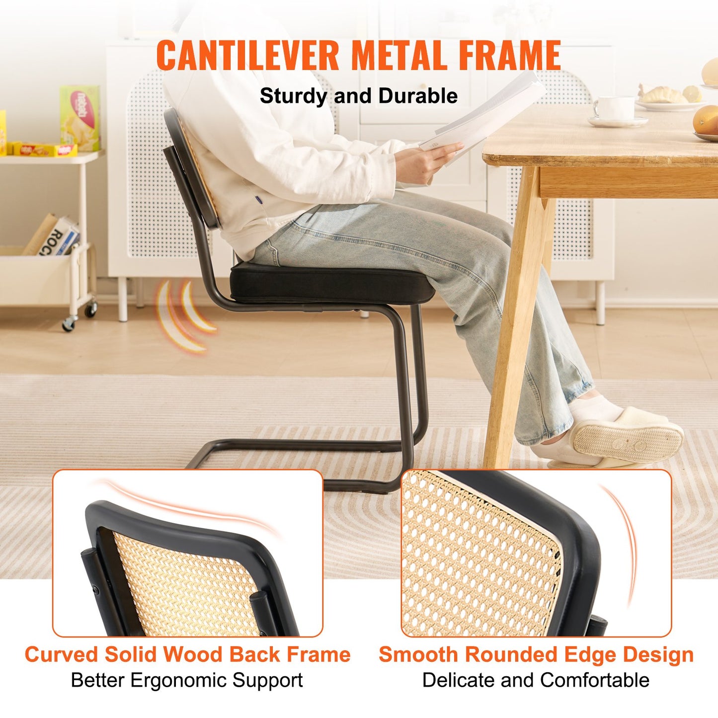 Rattan Chairs, Set of 4, Mid Century Modern Dining Chair, Upholstered Velvet Accent Chair with Rattan Back, Retro Dining Room Kitchen Chair for Living Room, Bedroom, Reading Room, Office, Black