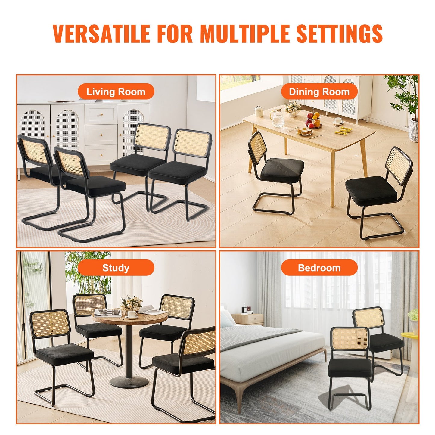 Rattan Chairs, Set of 4, Mid Century Modern Dining Chair, Upholstered Velvet Accent Chair with Rattan Back, Retro Dining Room Kitchen Chair for Living Room, Bedroom, Reading Room, Office, Black