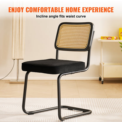 Rattan Chairs, Set of 4, Mid Century Modern Dining Chair, Upholstered Velvet Accent Chair with Rattan Back, Retro Dining Room Kitchen Chair for Living Room, Bedroom, Reading Room, Office, Black