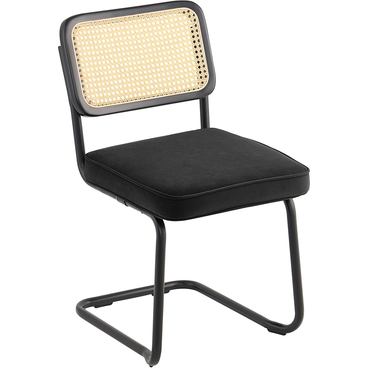 Rattan Chairs, Set of 4, Mid Century Modern Dining Chair, Upholstered Velvet Accent Chair with Rattan Back, Retro Dining Room Kitchen Chair for Living Room, Bedroom, Reading Room, Office, Black