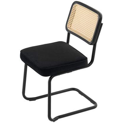 Rattan Chairs, Set of 4, Mid Century Modern Dining Chair, Upholstered Velvet Accent Chair with Rattan Back, Retro Dining Room Kitchen Chair for Living Room, Bedroom, Reading Room, Office, Black