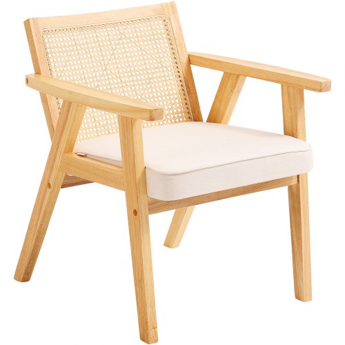 Rattanstuhl, Esszimmerstuhl im Mid-Century-Modern-Stil mit Armlehnen, gepolsterter Stuhl mit Rattanlehne, Retro-Rattan-Esszimmerstuhl für Küche, Wohnzimmer, Schlafzimmer, Leseraum und Büro, Beige