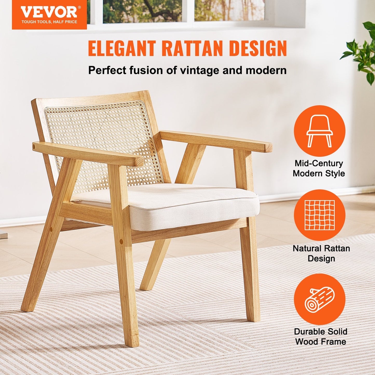 Rattan Chair, Mid Century Modern Dining Chair with Armrest, Upholstered Chair with Rattan Back, Retro Rattan Dining Room Kitchen Chair for Living Room, Bedroom, Reading Room, and Office, Beige