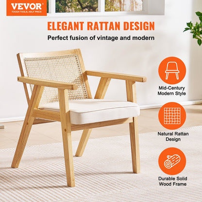 Rattan Chair, Mid Century Modern Dining Chair with Armrest, Upholstered Chair with Rattan Back, Retro Rattan Dining Room Kitchen Chair for Living Room, Bedroom, Reading Room, and Office, Beige