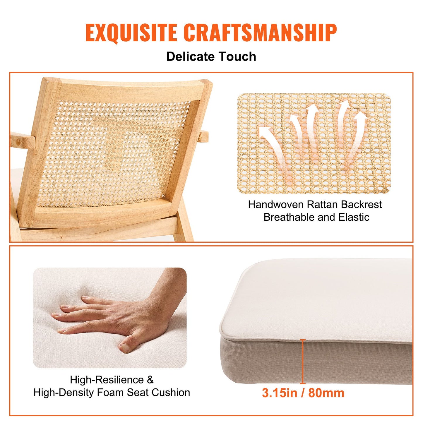 Rattan Chair, Mid Century Modern Dining Chair with Armrest, Upholstered Chair with Rattan Back, Retro Rattan Dining Room Kitchen Chair for Living Room, Bedroom, Reading Room, and Office, Beige