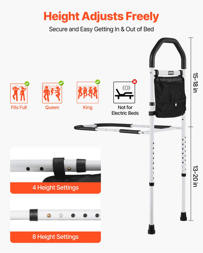 Bed Rail for Elderly, Bedside Assist Rails with Supporting Leg and PU Handrail, Adjustable Height Carbon Steel Pipe Bedside Cane, Bed Bars for Seniors & Patients, Fits King, Queen, Full, Twin