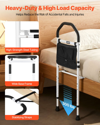 Bed Rail for Elderly, Bedside Assist Rails with Supporting Leg and PU Handrail, Adjustable Height Carbon Steel Pipe Bedside Cane, Bed Bars for Seniors & Patients, Fits King, Queen, Full, Twin
