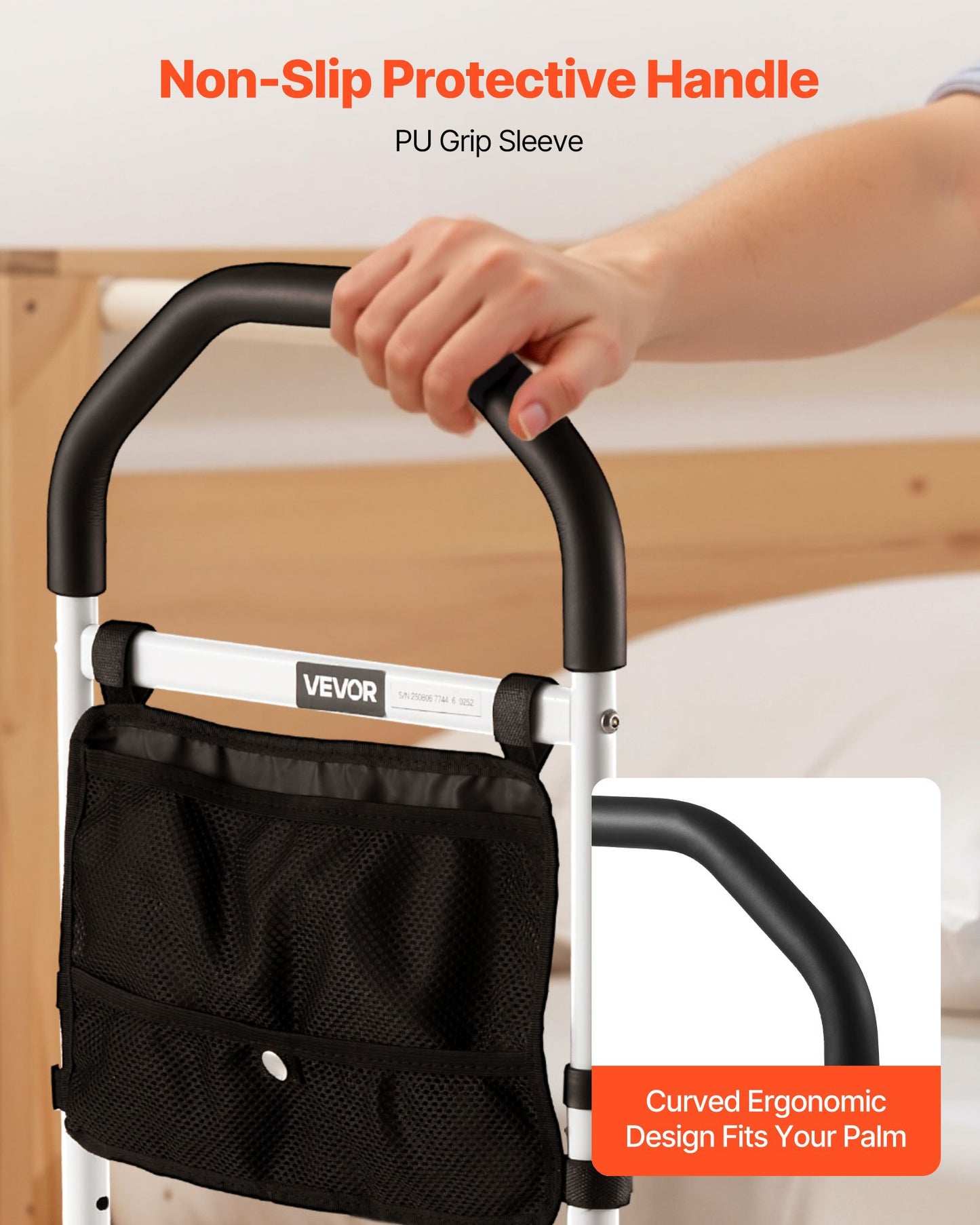 Bed Rail for Elderly, Bedside Assist Rails with Supporting Leg and PU Handrail, Adjustable Height Carbon Steel Pipe Bedside Cane, Bed Bars for Seniors & Patients, Fits King, Queen, Full, Twin