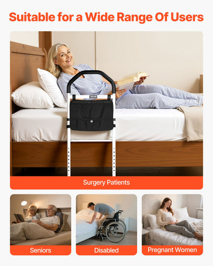 Bed Rail for Elderly, Bedside Assist Rails with Supporting Leg and PU Handrail, Adjustable Height Carbon Steel Pipe Bedside Cane, Bed Bars for Seniors & Patients, Fits King, Queen, Full, Twin