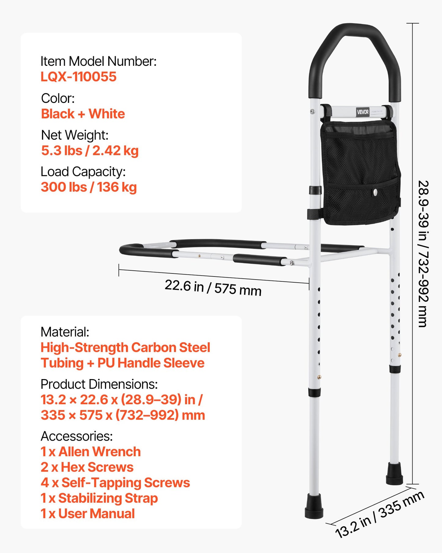 Bed Rail for Elderly, Bedside Assist Rails with Supporting Leg and PU Handrail, Adjustable Height Carbon Steel Pipe Bedside Cane, Bed Bars for Seniors & Patients, Fits King, Queen, Full, Twin
