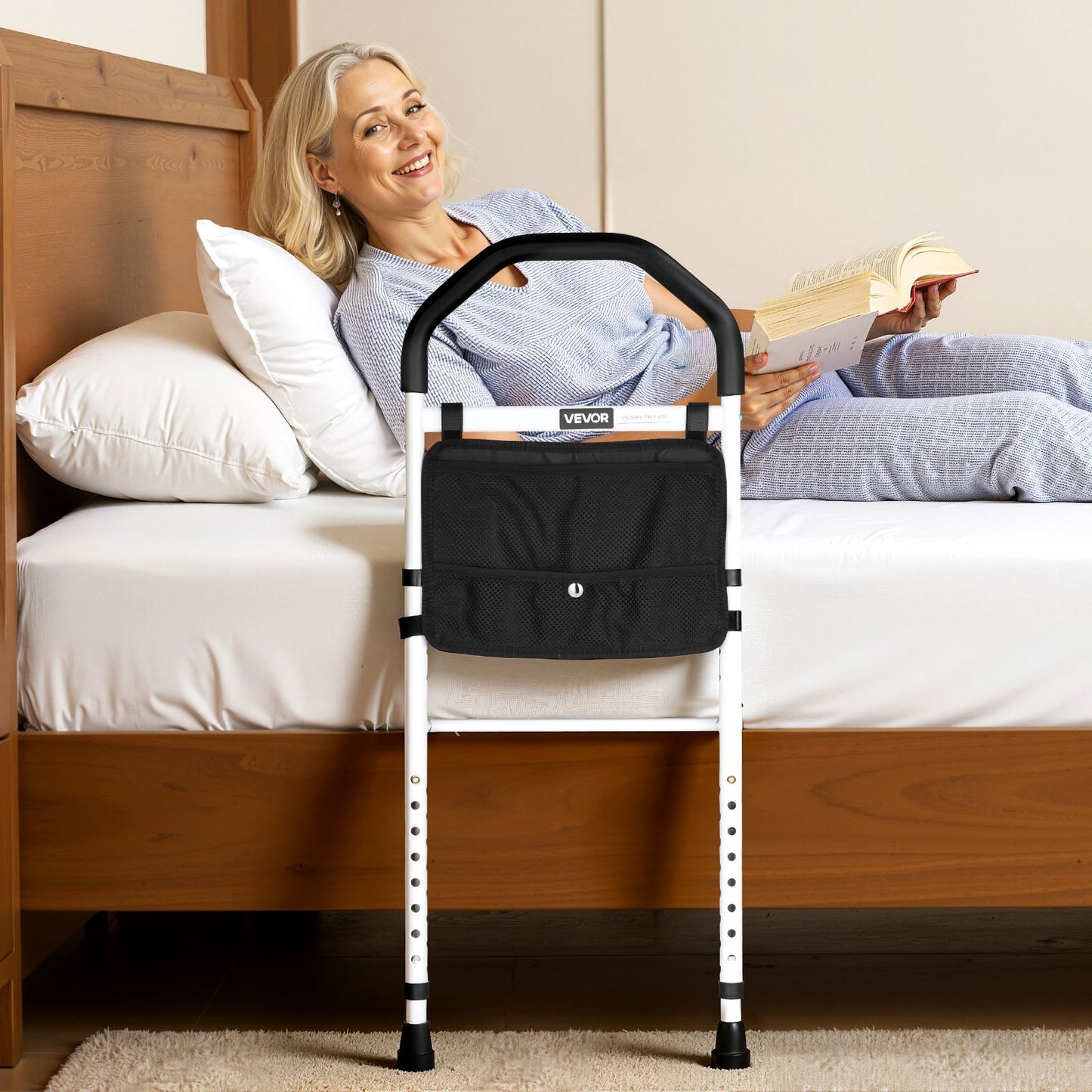 Bed Rail for Elderly, Bedside Assist Rails with Supporting Leg and PU Handrail, Adjustable Height Carbon Steel Pipe Bedside Cane, Bed Bars for Seniors & Patients, Fits King, Queen, Full, Twin